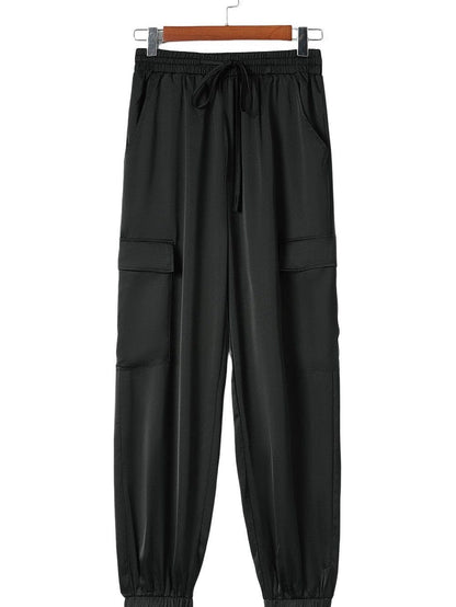 Elegant Rosy Satin Elastic Waist Pants with Pockets