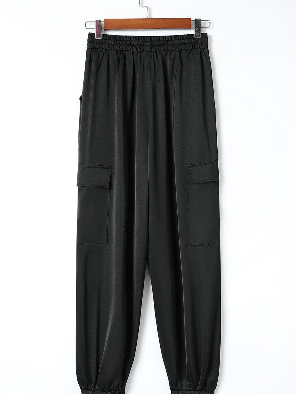 Elegant Rosy Satin Elastic Waist Pants with Pockets