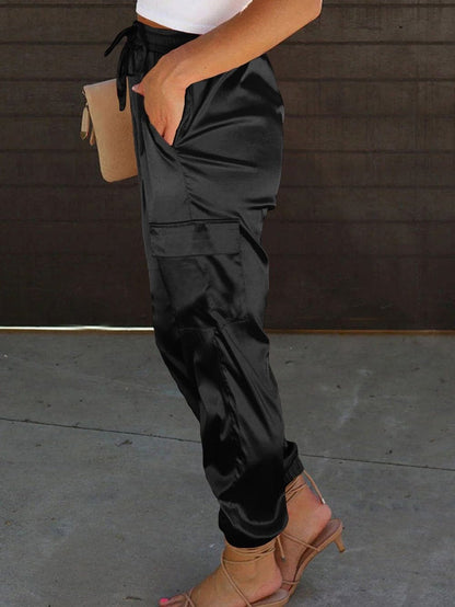 Elegant Rosy Satin Elastic Waist Pants with Pockets