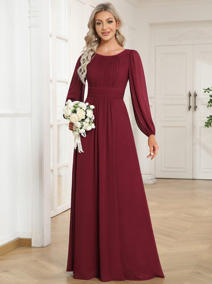 Elegant Round Neck Bridesmaid Gown Featuring Long Lantern Sleeves