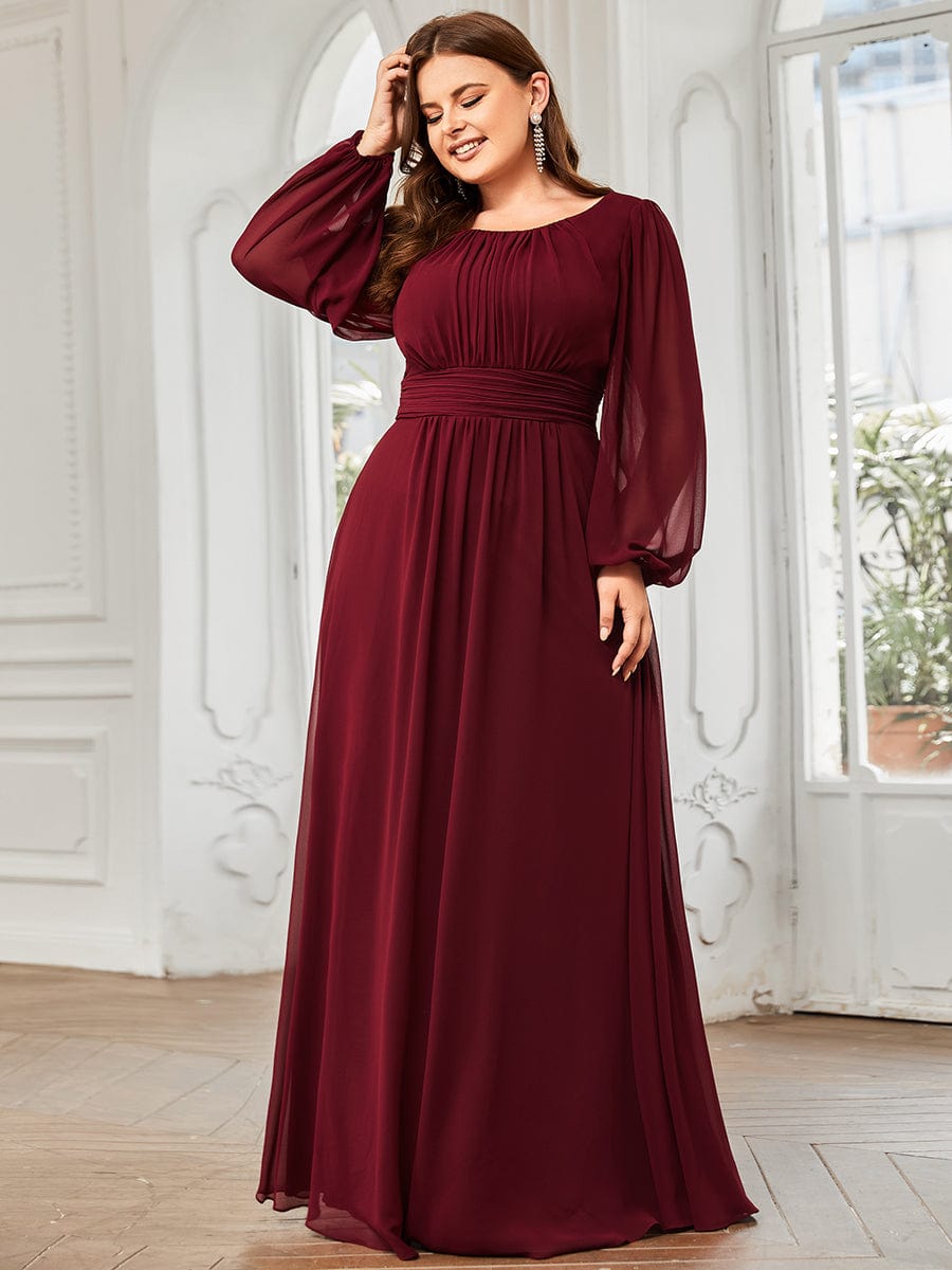 Elegant Round Neck Bridesmaid Gown Featuring Long Lantern Sleeves