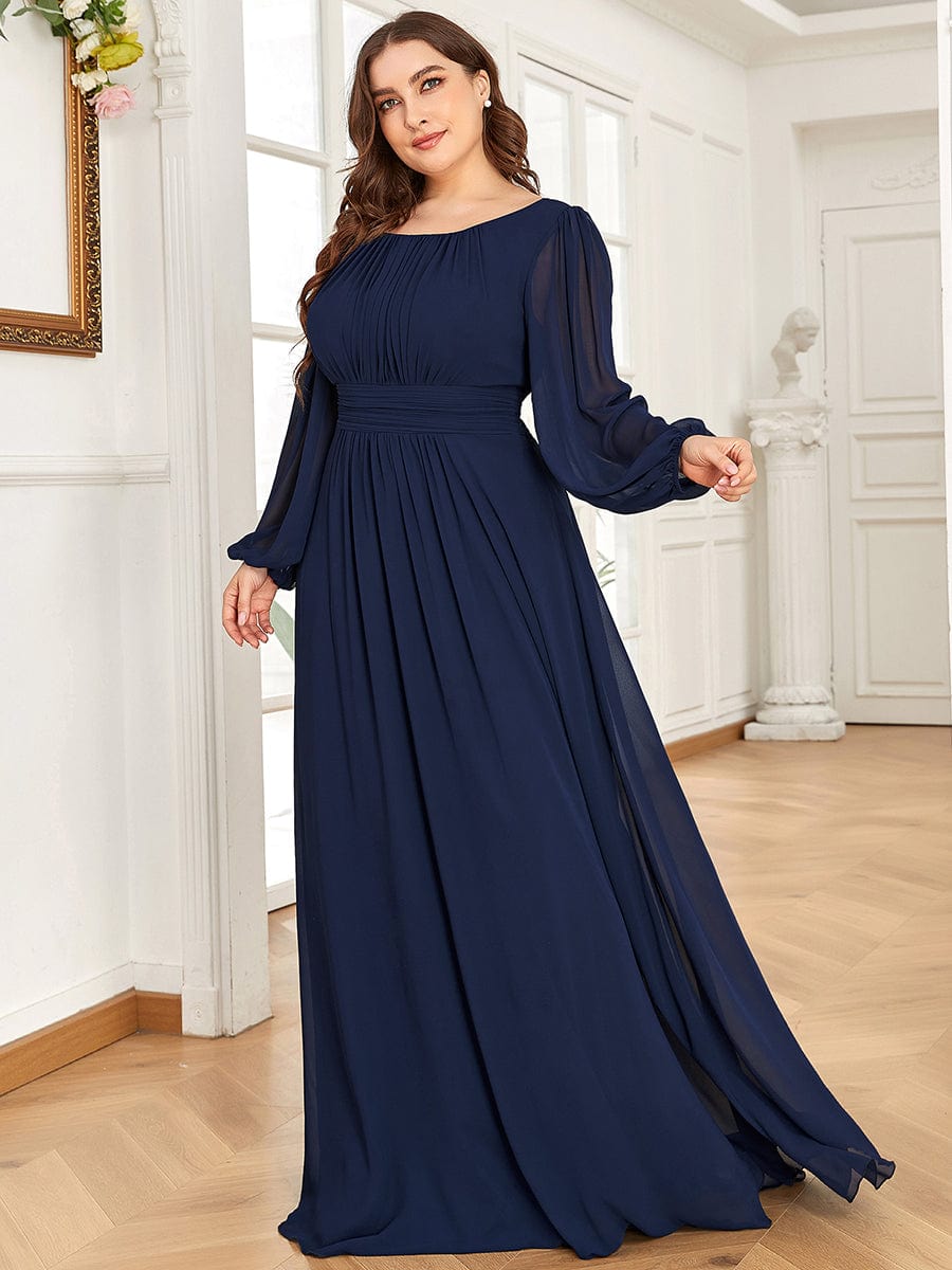 Elegant Round Neck Bridesmaid Gown Featuring Long Lantern Sleeves