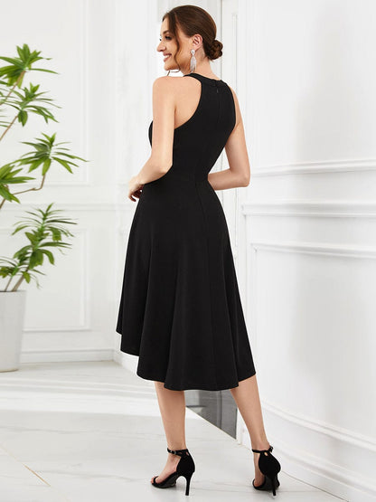 Elegant Round Neck Knee-Length Dress with Asymmetric Hem