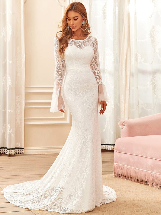 Elegant Round Neck Wedding Gown with Long Pagoda Sleeves