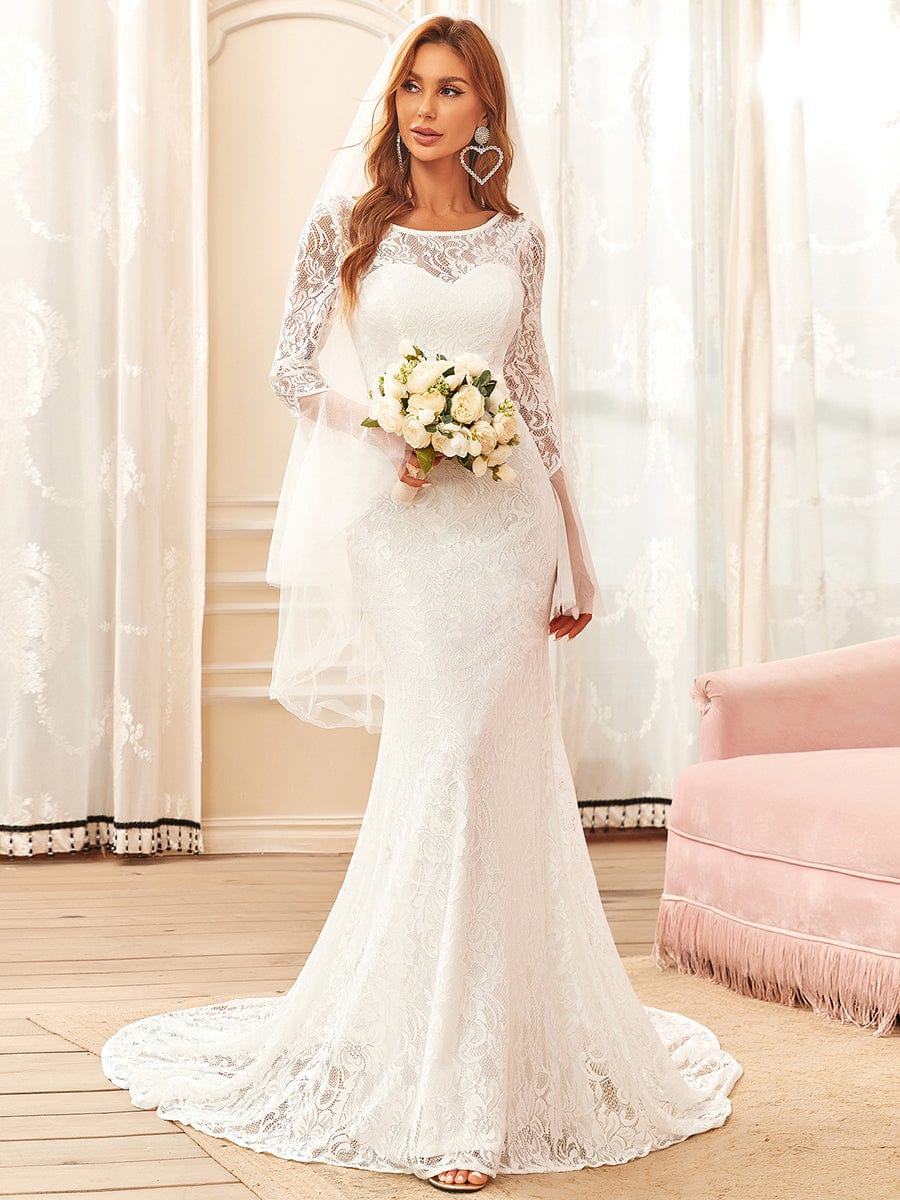 Elegant Round Neck Wedding Gown with Long Pagoda Sleeves