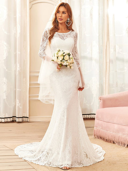 Elegant Round Neck Wedding Gown with Long Pagoda Sleeves