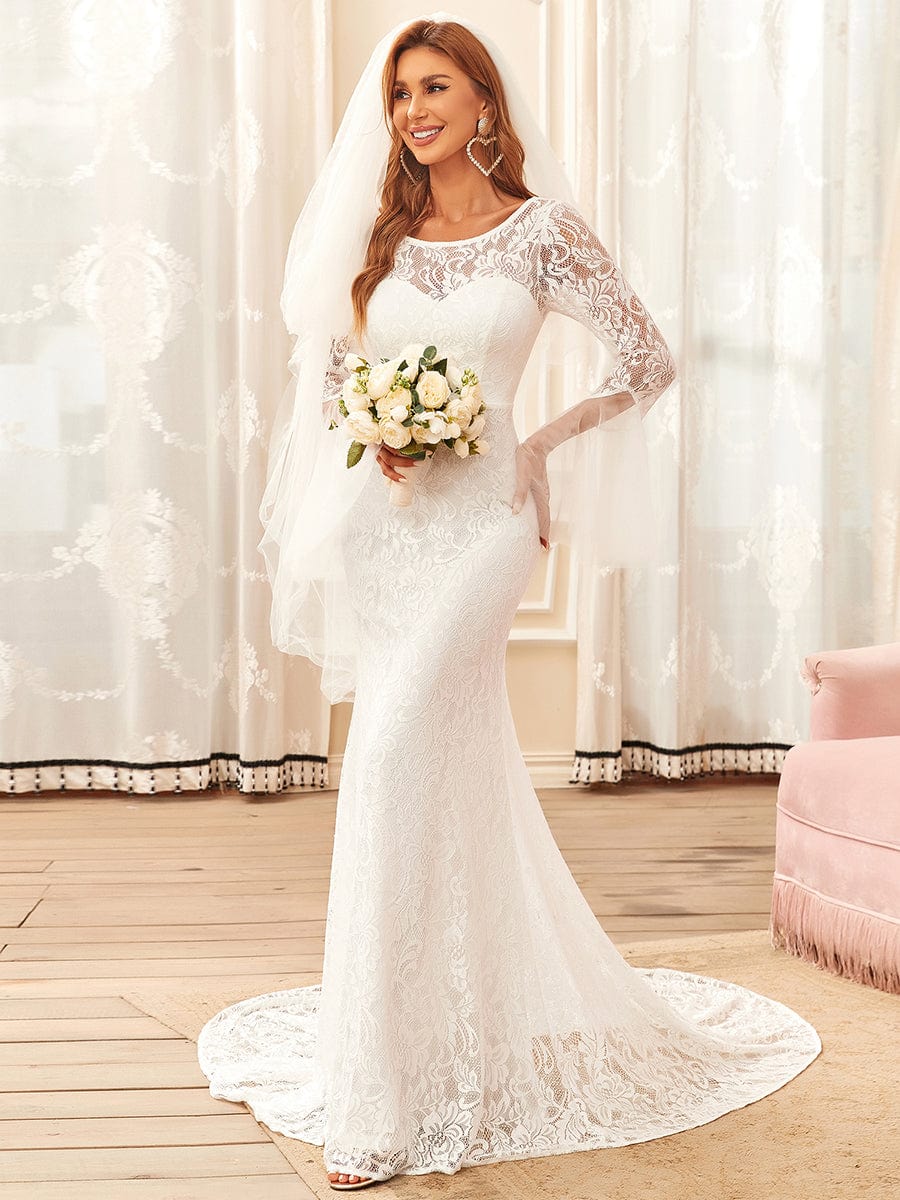 Elegant Round Neck Wedding Gown with Long Pagoda Sleeves