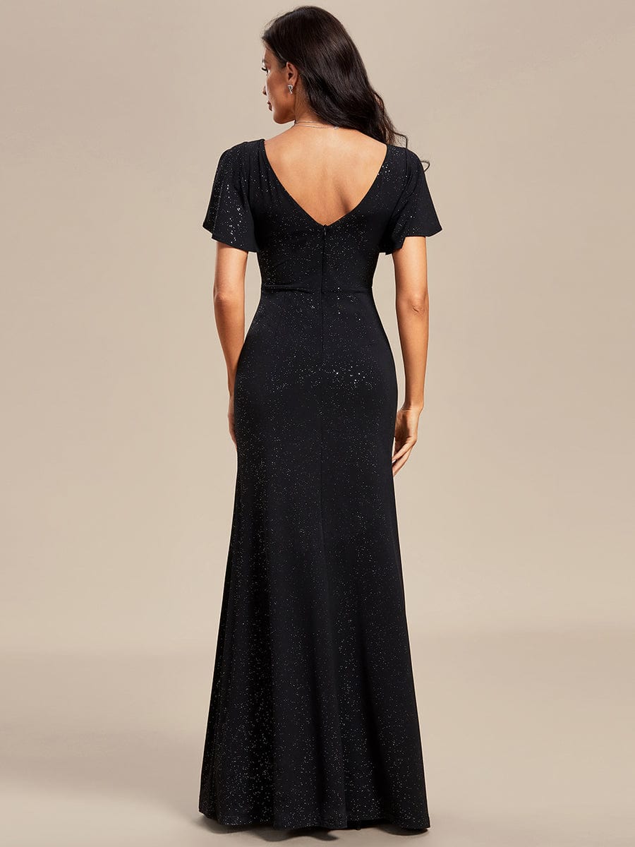 Elegant Ruffle Sleeve Floor Length Shimmering Evening Gown