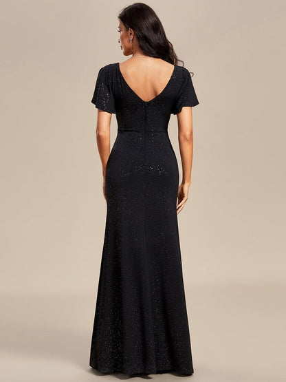 Elegant Ruffle Sleeve Floor Length Shimmering Evening Gown