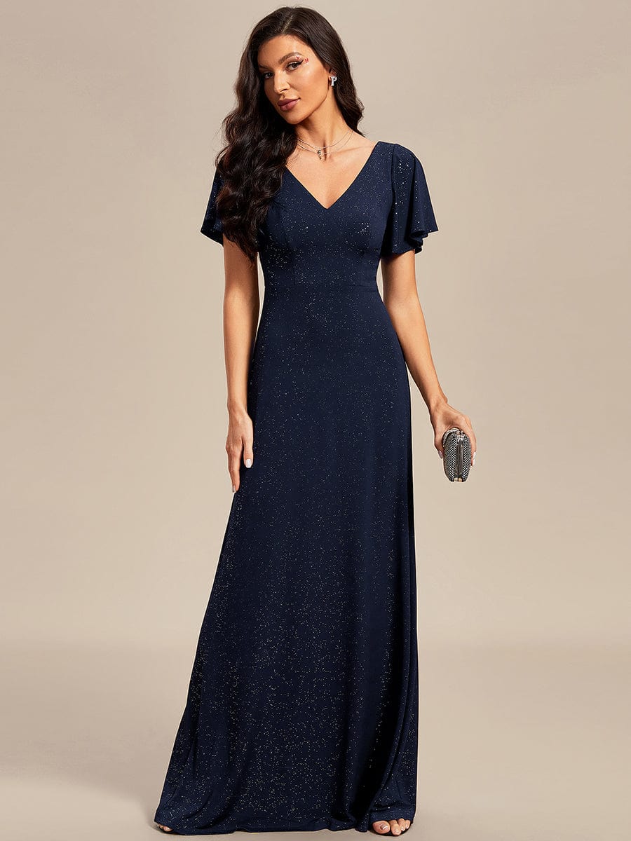 Elegant Ruffle Sleeve Floor Length Shimmering Evening Gown