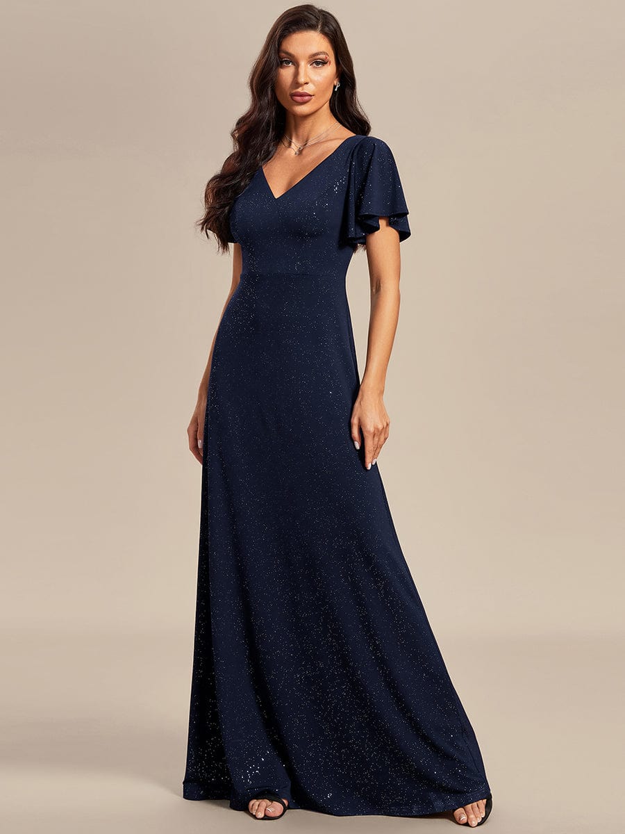 Elegant Ruffle Sleeve Floor Length Shimmering Evening Gown