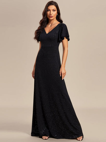 Elegant Ruffle Sleeve Floor Length Shimmering Evening Gown