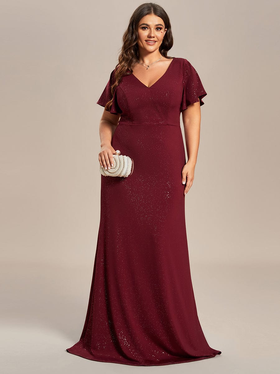 Elegant Ruffle Sleeve Floor Length Shimmering Evening Gown