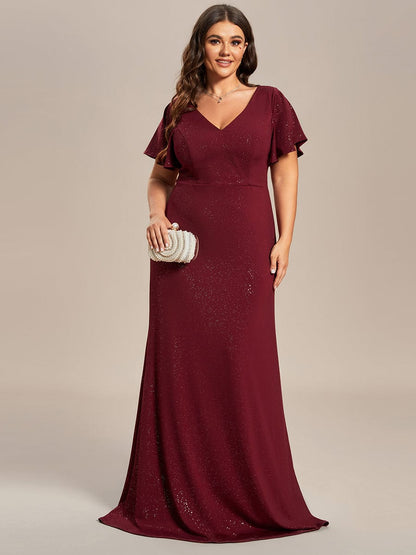 Elegant Ruffle Sleeve Floor Length Shimmering Evening Gown