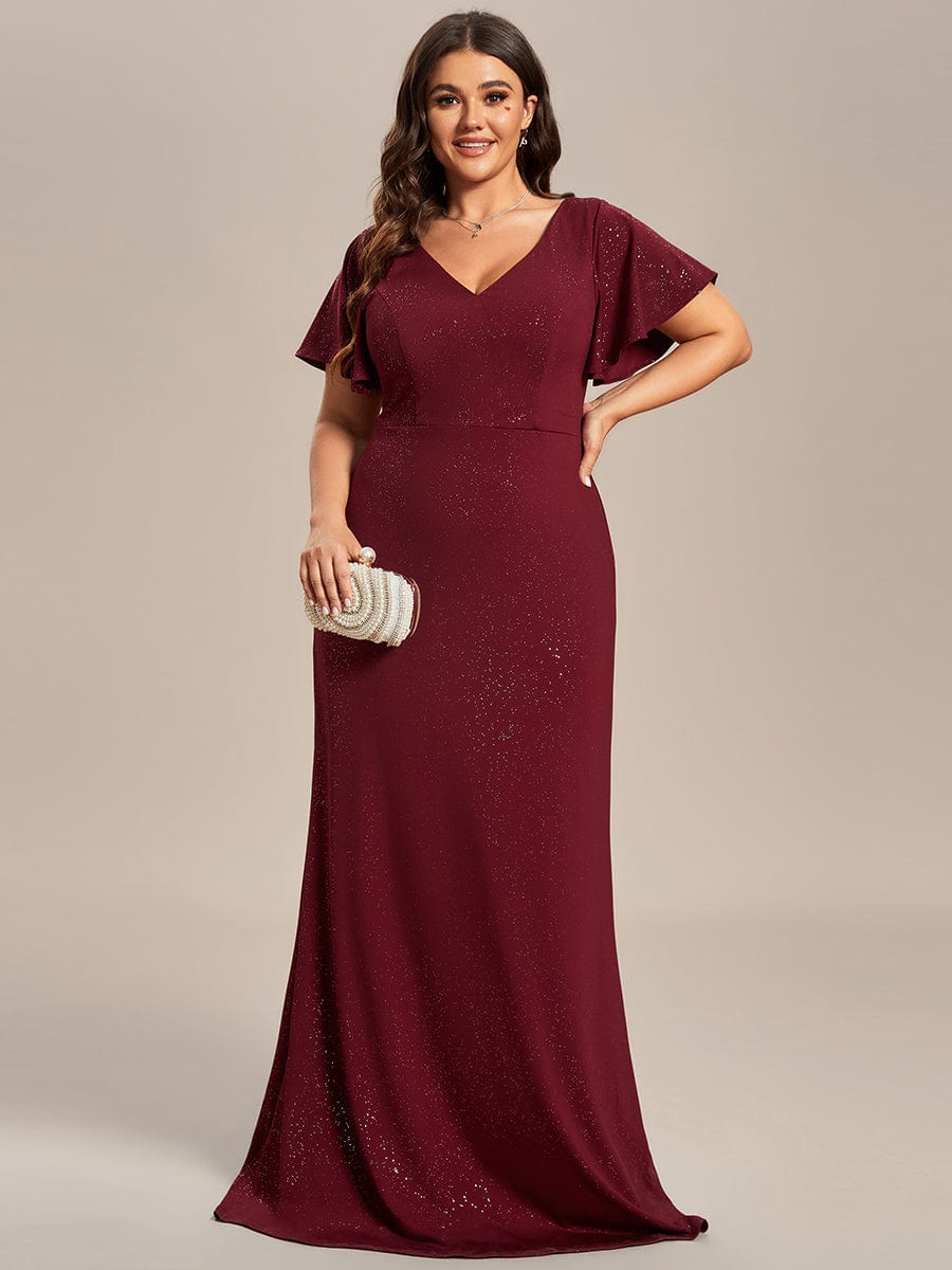 Elegant Ruffle Sleeve Floor Length Shimmering Evening Gown