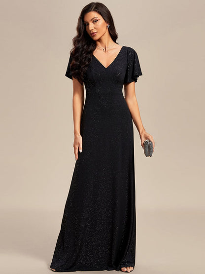 Elegant Ruffle Sleeve Floor Length Shimmering Evening Gown