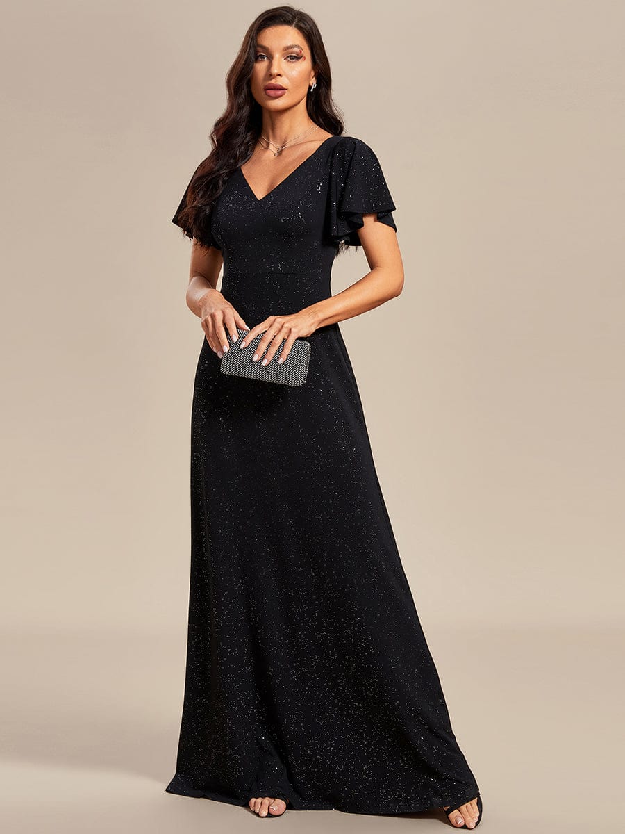 Elegant Ruffle Sleeve Floor Length Shimmering Evening Gown