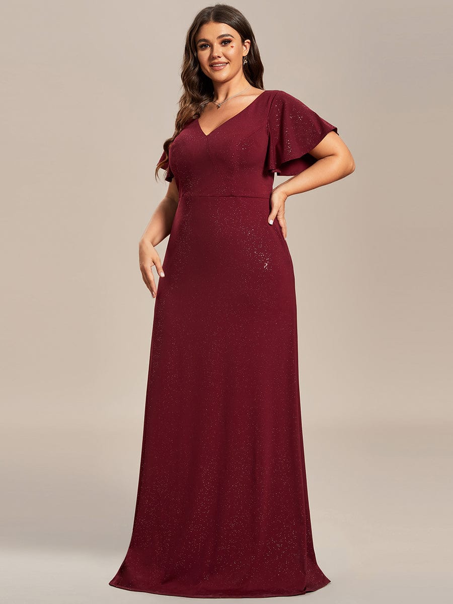 Elegant Ruffle Sleeve Floor Length Shimmering Evening Gown