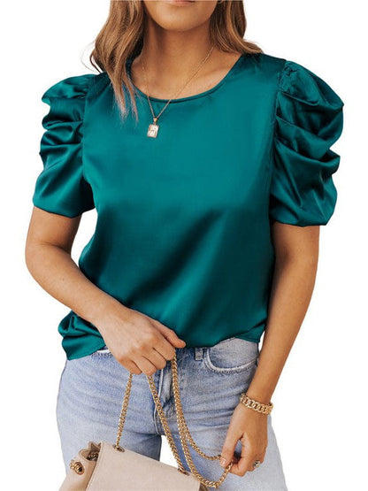 Elegant Satin Top with Puff Sleeves and Round Neck for Women's Casual Wear