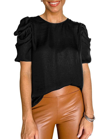 Elegant Satin Top with Puff Sleeves and Round Neck for Women's Casual Wear