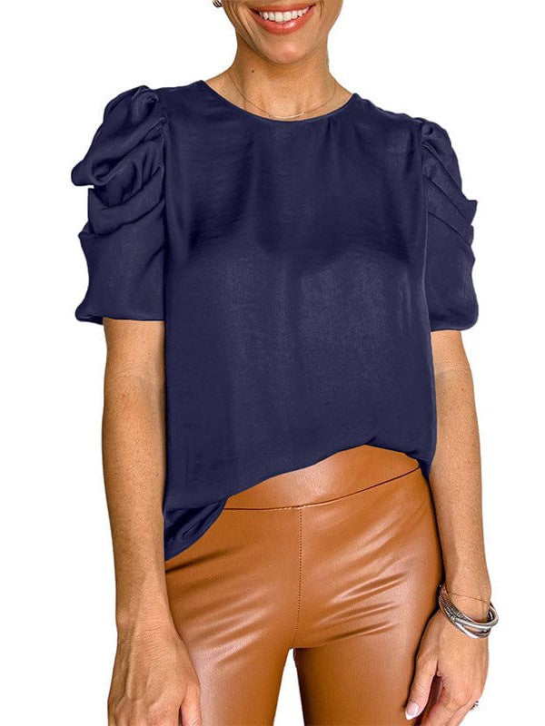 Elegant Satin Top with Puff Sleeves and Round Neck for Women's Casual Wear