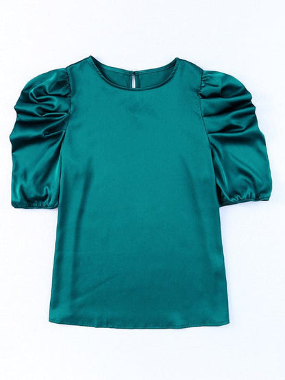 Elegant Satin Top with Puff Sleeves and Round Neck for Women's Casual Wear