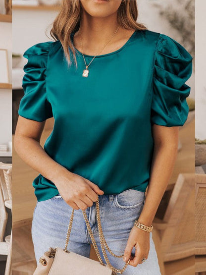 Elegant Satin Top with Puff Sleeves and Round Neck for Women's Casual Wear