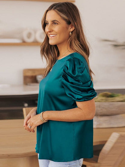 Elegant Satin Top with Puff Sleeves and Round Neck for Women's Casual Wear