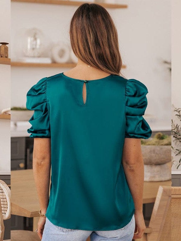 Elegant Satin Top with Puff Sleeves and Round Neck for Women's Casual Wear