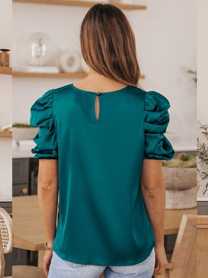 Elegant Satin Top with Puff Sleeves and Round Neck for Women's Casual Wear