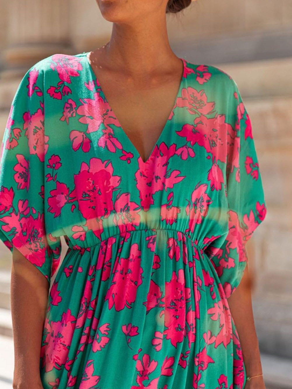 Elegant Sea Green Floral V Neck Maxi Boho Dress