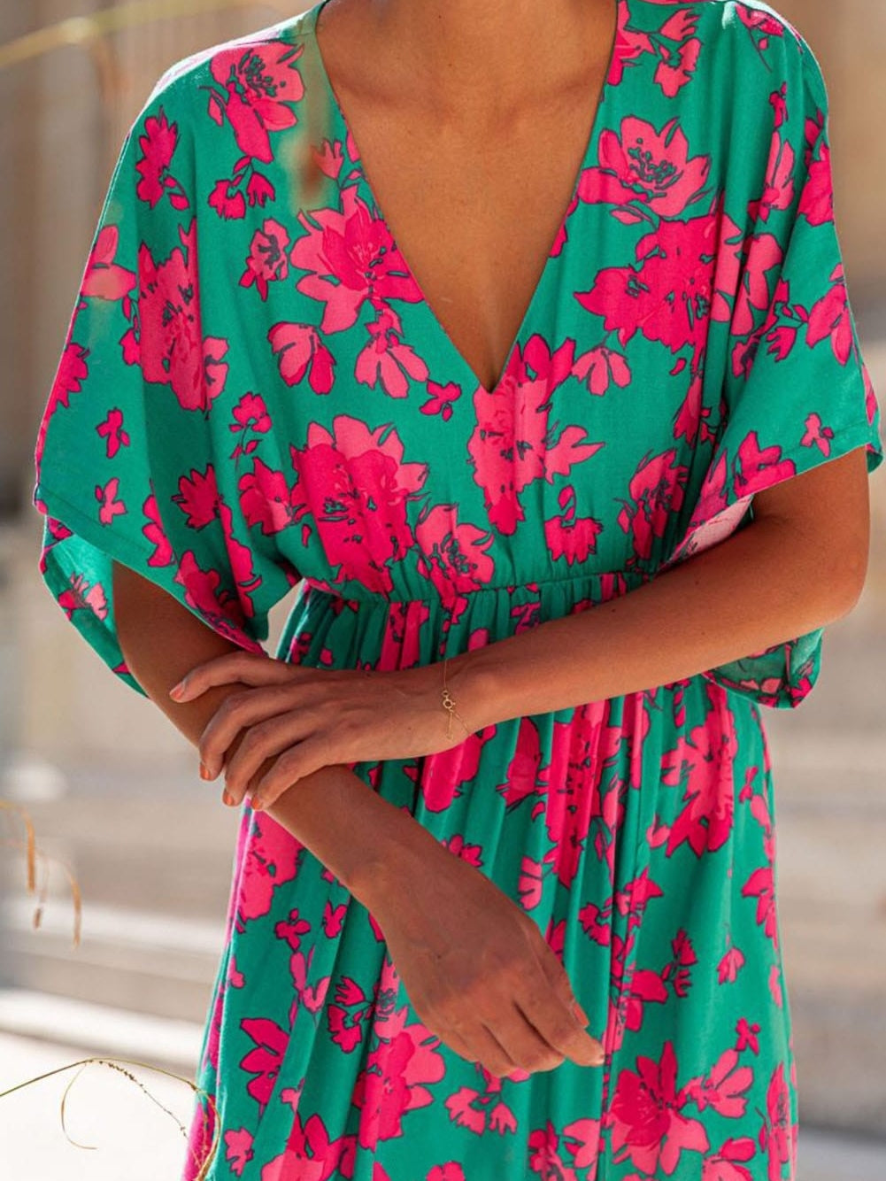 Elegant Sea Green Floral V Neck Maxi Boho Dress