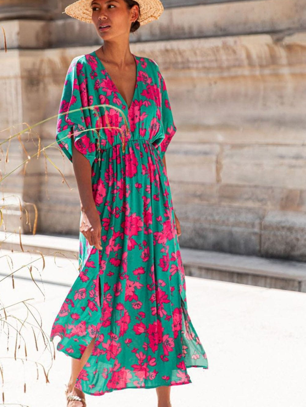 Elegant Sea Green Floral V Neck Maxi Boho Dress