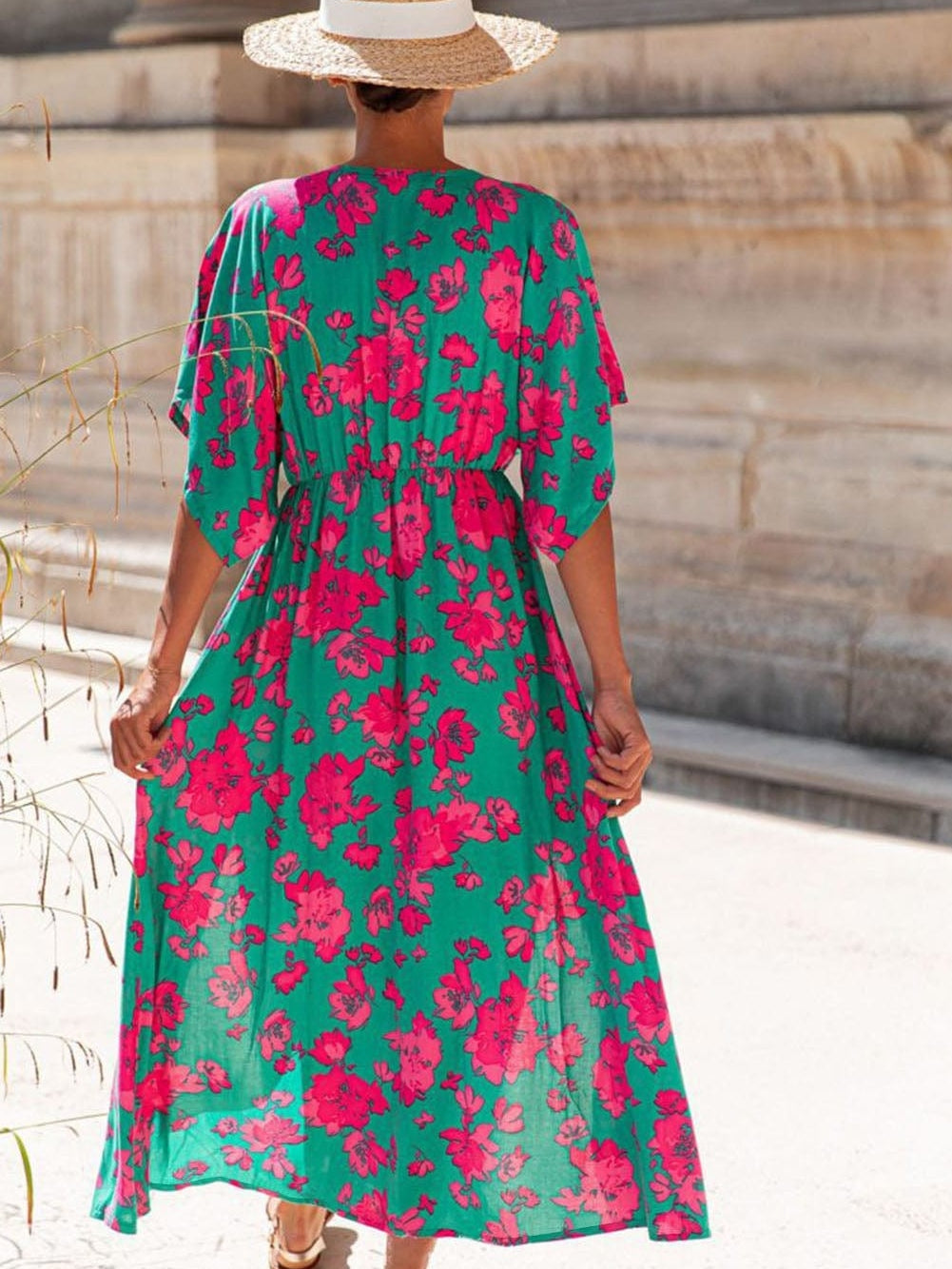 Elegant Sea Green Floral V Neck Maxi Boho Dress