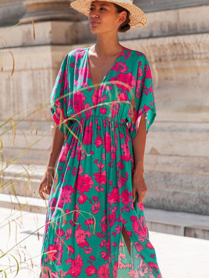 Elegant Sea Green Floral V Neck Maxi Boho Dress