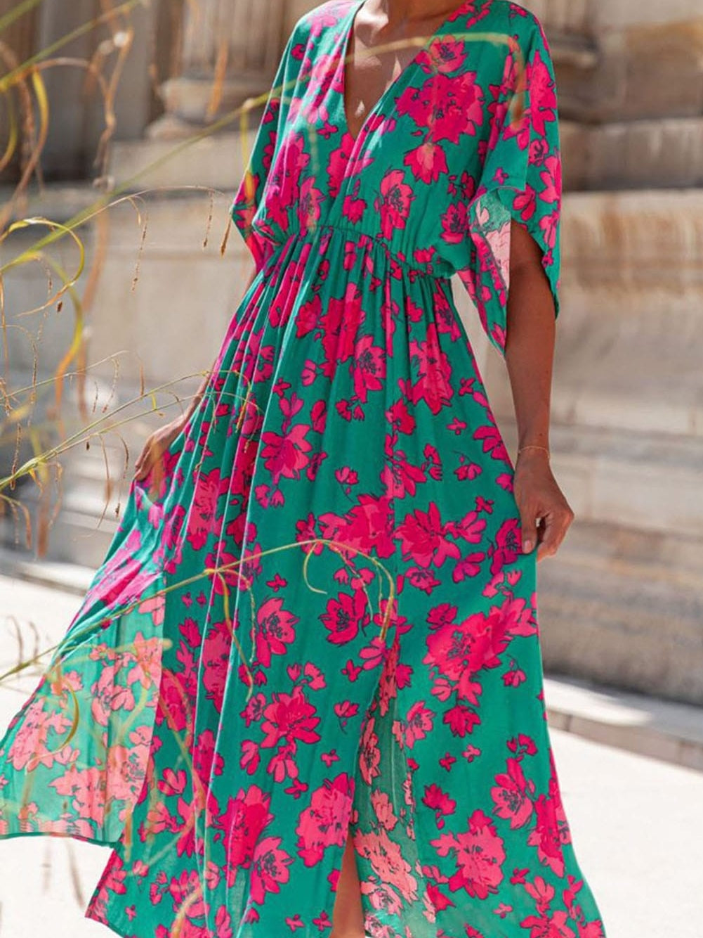 Elegant Sea Green Floral V Neck Maxi Boho Dress