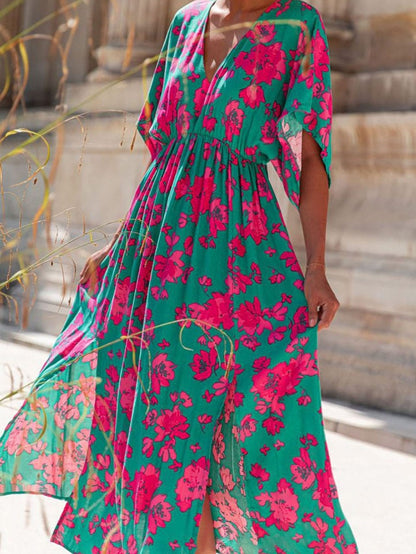 Elegant Sea Green Floral V Neck Maxi Boho Dress