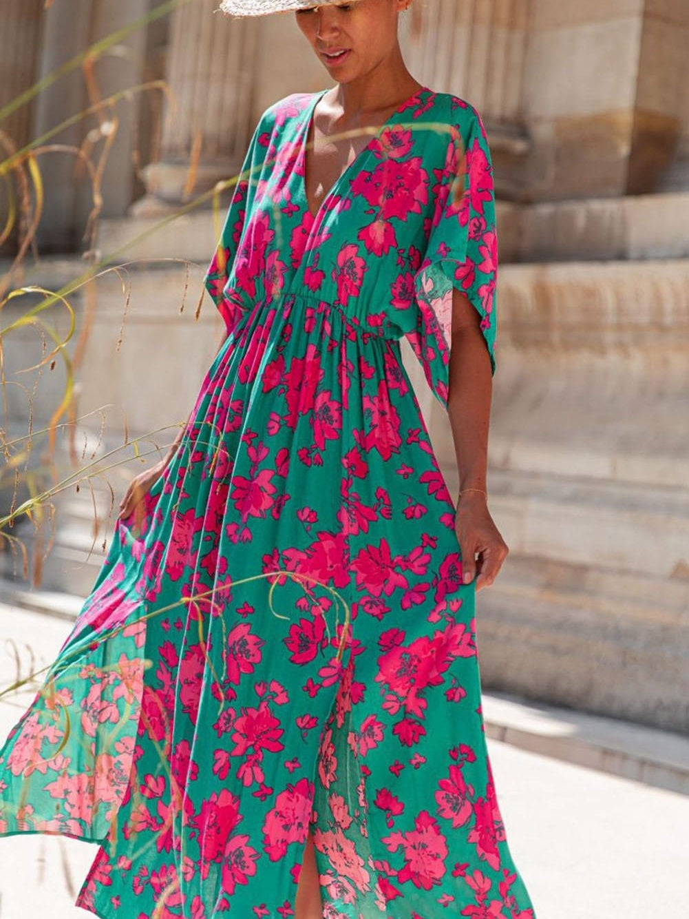 Elegant Sea Green Floral V Neck Maxi Boho Dress
