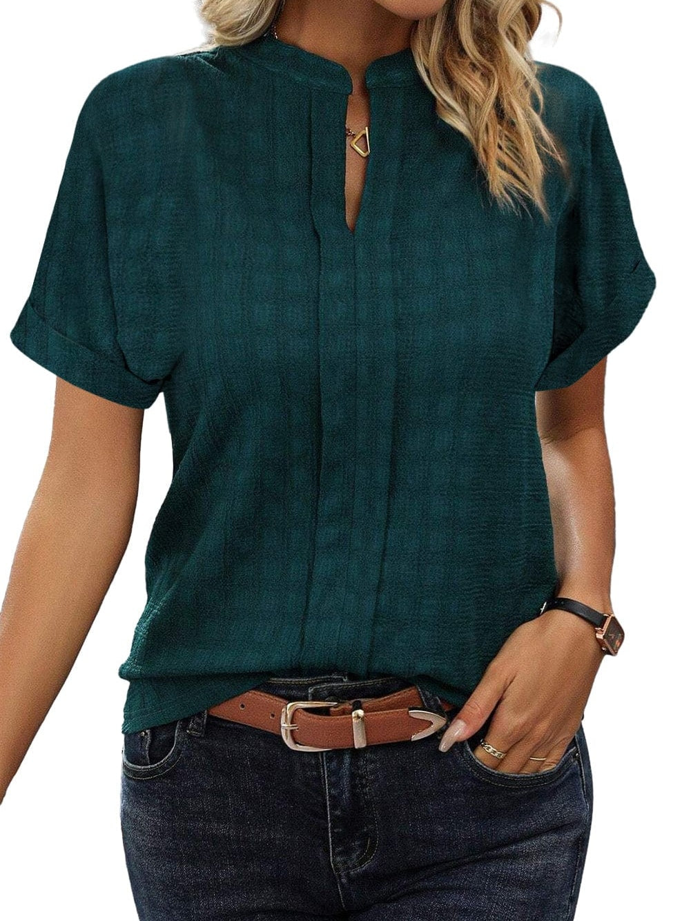 Elegant Sea Green Textured V-Neck Blouse