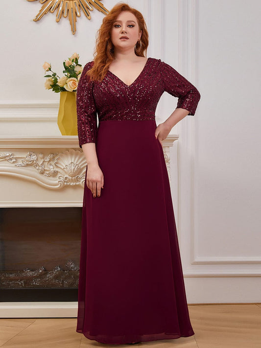 Elegant Sequin A-Line Evening Dress With V Neck and 3/4 Sleeve