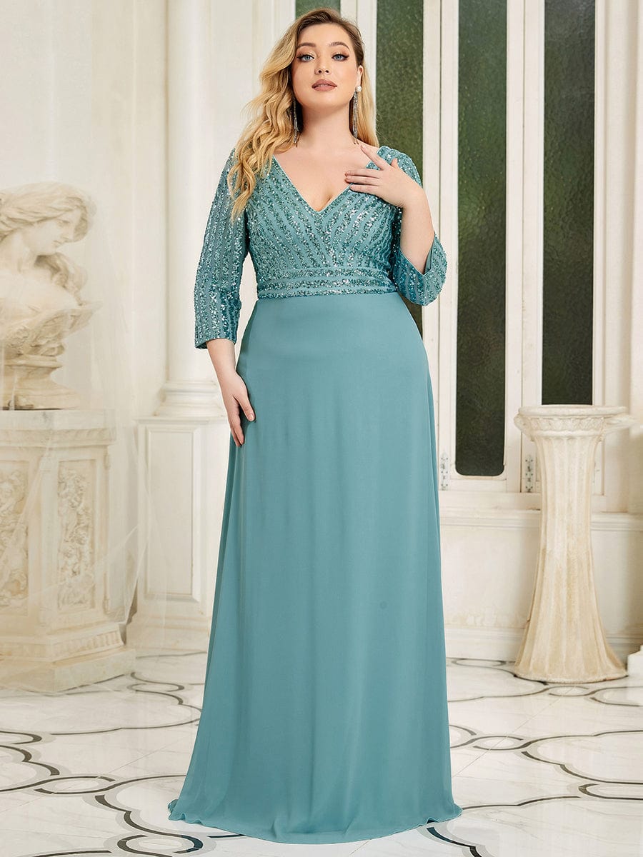 Elegant Sequin A-Line Evening Dress With V Neck and 3/4 Sleeve