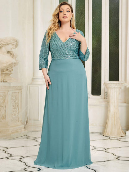 Elegant Sequin A-Line Evening Dress With V Neck and 3/4 Sleeve