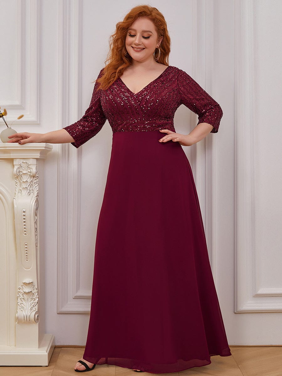 Elegant Sequin A-Line Evening Dress With V Neck and 3/4 Sleeve