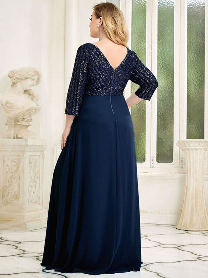 Elegant Sequin A-Line Evening Dress With V Neck and 3/4 Sleeve
