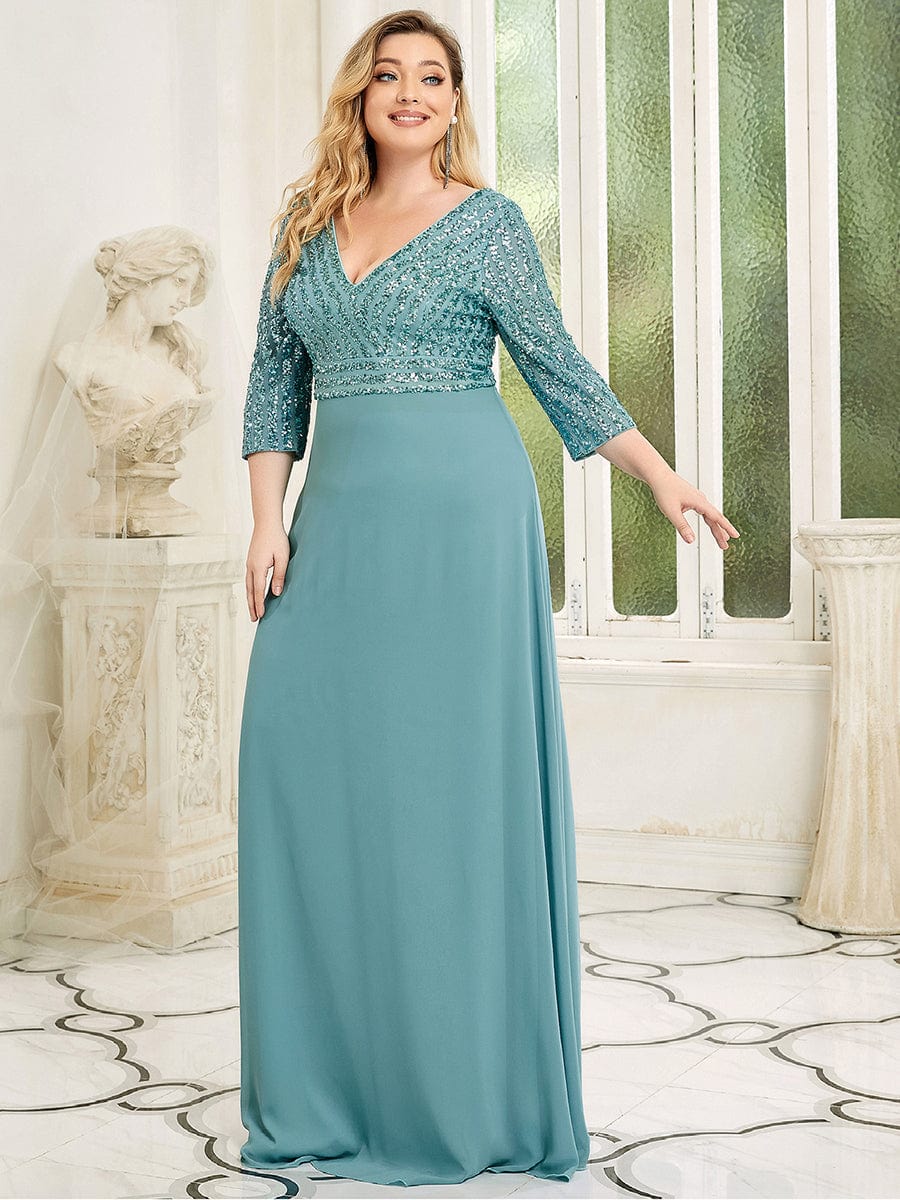 Elegant Sequin A-Line Evening Dress With V Neck and 3/4 Sleeve