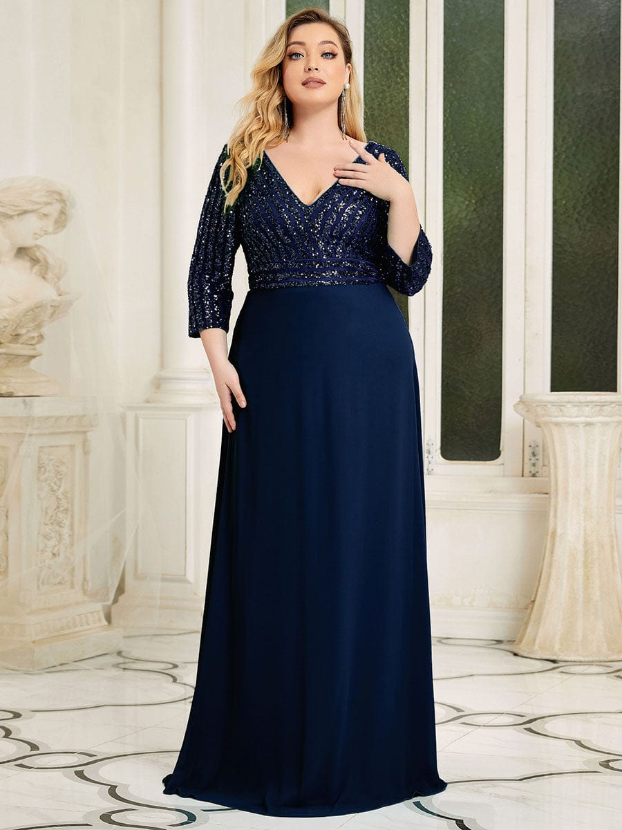 Elegant Sequin A-Line Evening Dress With V Neck and 3/4 Sleeve