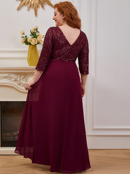 Elegant Sequin A-Line Evening Dress With V Neck and 3/4 Sleeve
