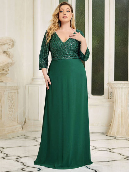 Elegant Sequin A-Line Evening Dress With V Neck and 3/4 Sleeve