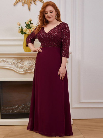 Elegant Sequin A-Line Evening Dress With V Neck and 3/4 Sleeve