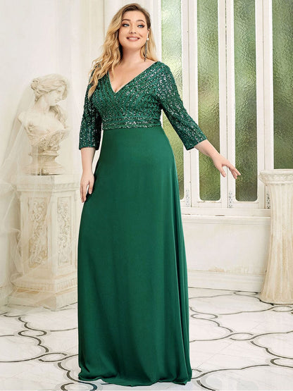 Elegant Sequin A-Line Evening Dress With V Neck and 3/4 Sleeve